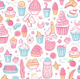 Cheerful wrapping paper pattern Vector flat illustration featuring sweet ice creams, watermelons, and suns, ideal for joyful celebrations and crafts