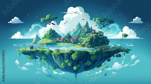 A vector illustration of a floating island in the sky.