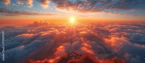 the sun rising above clouds  in the style of photorealistic details  ethereal cloudscapes  aerial view  lightbox. Generative AI