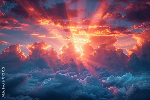 time lapse of sunrise over a sky and clouds, in the style of color photography pioneer, photo-realistic landscapes, god rays, orange and azure. Generative Ai