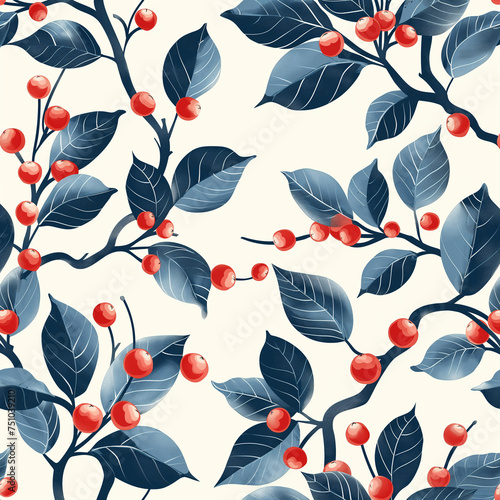 Charming wrapping paper pattern Vector flat illustration  a harmonious blend of dark blue leaves and bright red berries  ideal for all-occasion packaging