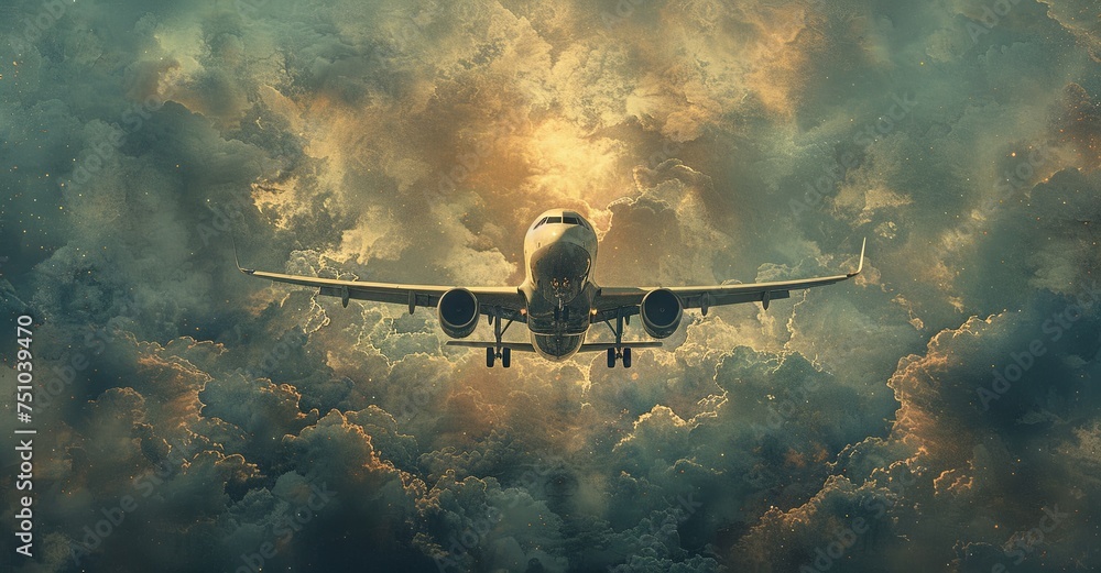 Naklejka premium a flying airplane in the sky, in the style of light sky-blue and dark green, poster, spatial, travel. Generative AI