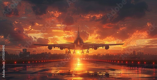 a airplane landing on the runway at sunset, in the style of photorealistic, light sky-blue, eye-catching, modern. Generative A