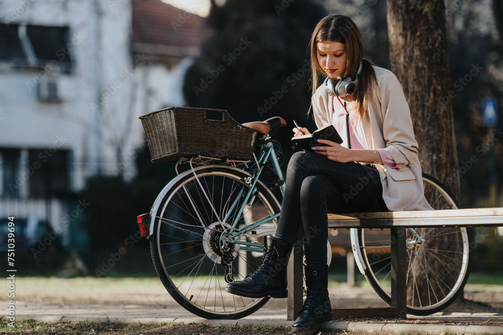 Serene scene of a focused female enjoying writing in her notebook, seated on a wooden bench outdoors beside her vintage bicycle Serene scene of a focused female enjoying writing in her notebook, seated on a wooden bench outdoors beside her vintage bicycle