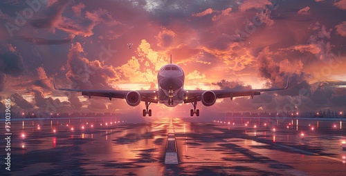 airplane taking off from a runway at sunset, in the style of photorealistic, light purple and light cyan, poster. Generative AI
