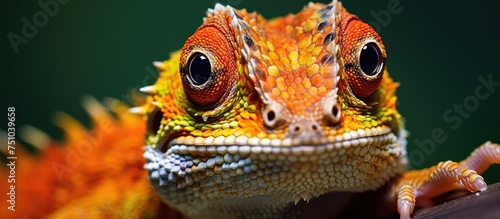 A close-up view of a lizard perched on a branch, showcasing its intricate skin texture and sharp claws. The lizard appears alert and focused, blending into its natural habitat seamlessly.