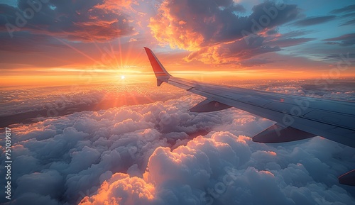 the wing of an airplane over clouds and sun shining on it, in the style of landscape photography, photo-realistic landscapes, modern, light sky-blue. Generative AI