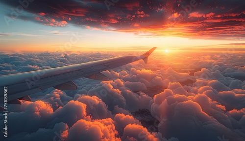 wing gliding through the clouds at sunrise in the sky, in the style of travel, multiple filter effect, photo-realistic landscapes, modern, light sky-blue and light silver. generative AI