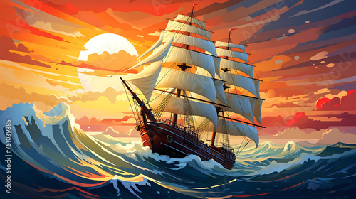 A vector illustration of a sailing ship on a stormy sea.