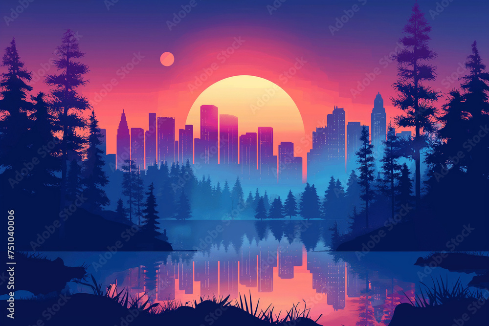 Vector flat illustration of a colorful cityscape at sunset with serene water reflections, perfect for modern urban wrapping paper pattern. Vector flat illustration.