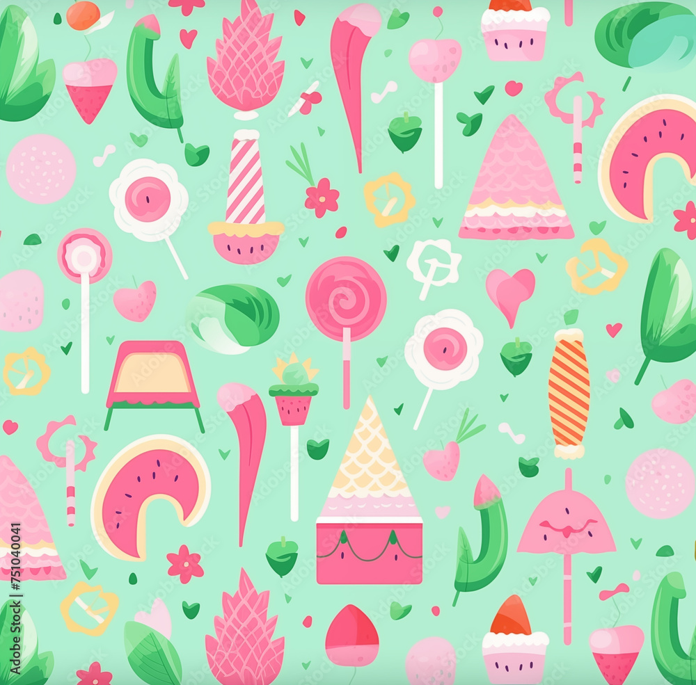 wrapping paper pattern Vector flat illustration, filled with colorful treats and summer vibes, perfect for seasonal gifts and bright decorations. wrapping paper pattern Vector flat illustration, filled with colorful treats and summer vibes, perfect for seasonal gifts and bright decorations.