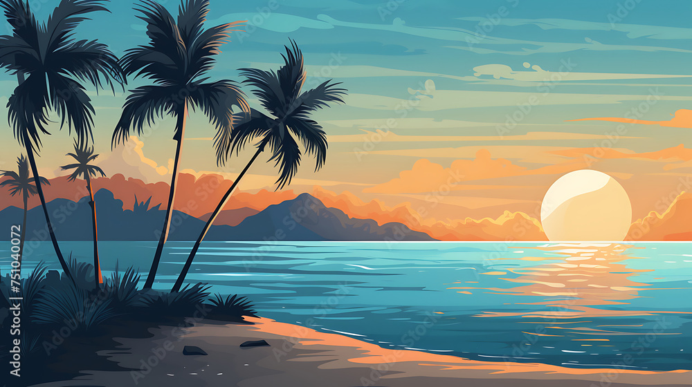 A vector illustration of a serene beach with palm trees.