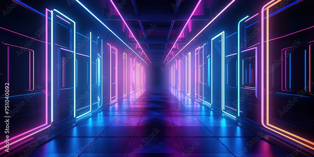 High-tech corridor with dynamic pink and blue neon lights, evoking a sense of motion