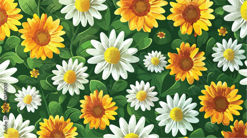 Floral pattern of sunflower and daisy blooming on gr