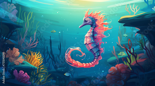 A vector illustration of a seahorse in a coral reef.