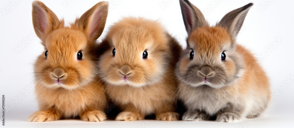Three fluffy baby rabbits are sitting closely next to each other on a white background, showcasing their adorable features and fluffy fur. They appear calm and content, creating a heartwarming scene. Three fluffy baby rabbits are sitting closely next to each other on a white background, showcasing their adorable features and fluffy fur. They appear calm and content, creating a heartwarming scene.