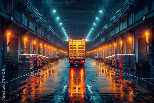 a truck is parked in storage space at night, in the style of light-filled compositions, transportcore. Generative AI © Skiffcha