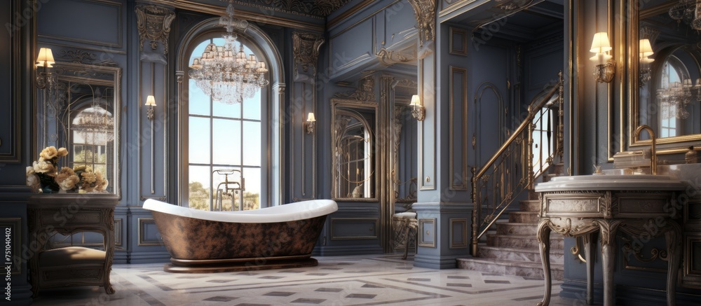 A classy and luxurious bathroom featuring a stylish bathtub under a dazzling chandelier. The room exudes elegance and sophistication.