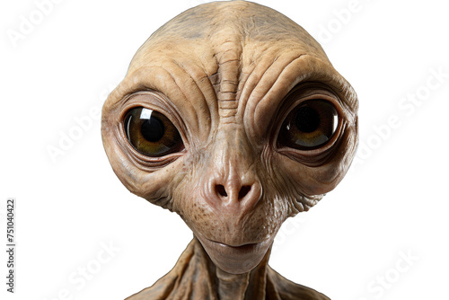An alien creature with big eyes and a wrinkled face. Its skin is a light beige color and it is looking at the camera with a curious expression. Transparent background