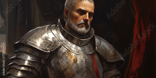 illustration of medieval guard in silver armor, generative AI
