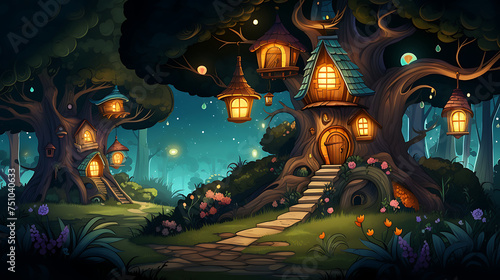 A vector illustration of a whimsical treehouse in a magical forest.