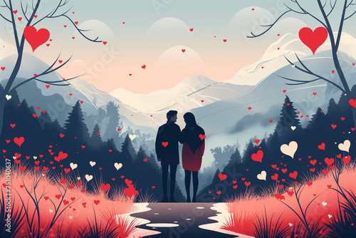 Vector flat illustration capturing love and romance with couple, heart balloons, in a picturesque setting for wrapping paper patterns