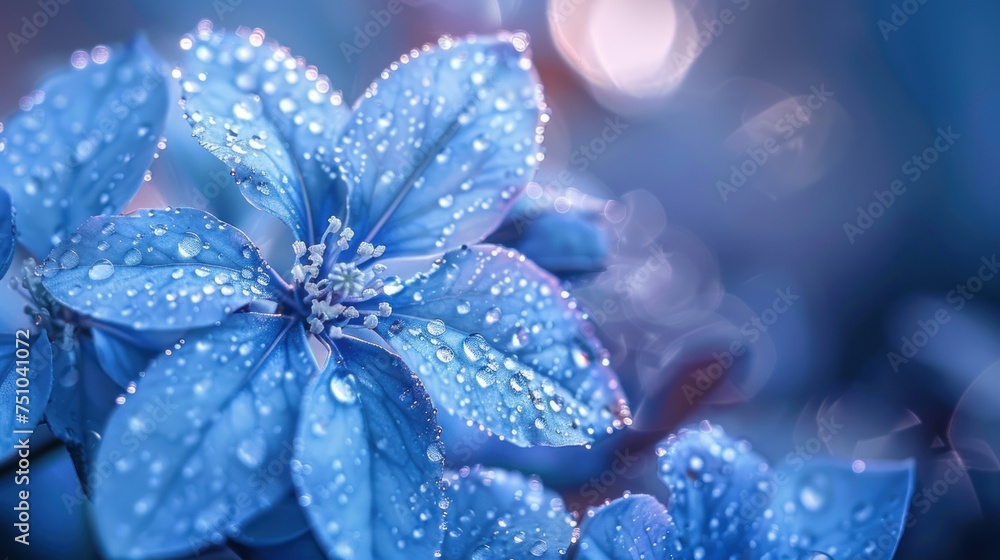 Close-up view of refreshing dew drops adorning the delicate petals of blue hydrangea flowers in soft light. Close-up view of refreshing dew drops adorning the delicate petals of blue hydrangea flowers in soft light.