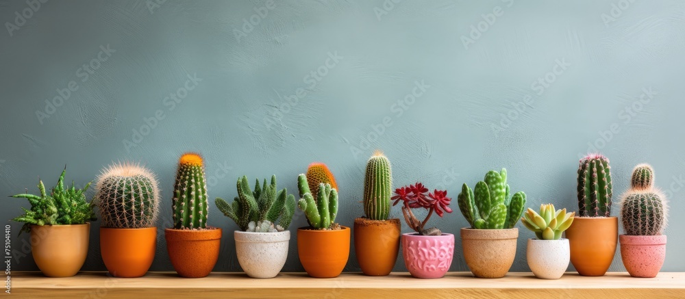 A straight row of various cacti and succulents in pots placed neatly on a rustic wooden shelf. The plants are thriving and adding a touch of greenery to the indoor space. - obrazy, fototapety, plakaty 
