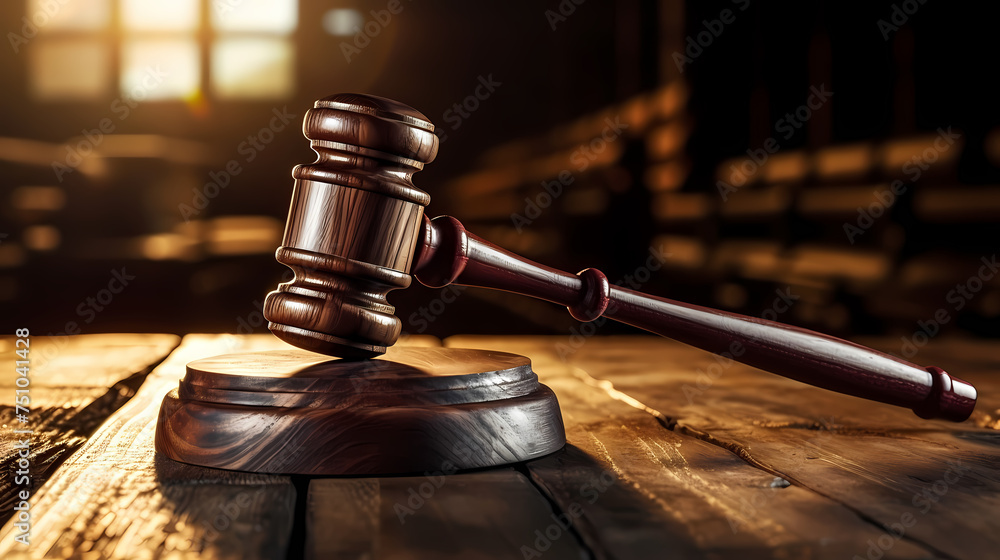 Judge hammer on wooden table background justice concept - obrazy, fototapety, plakaty 