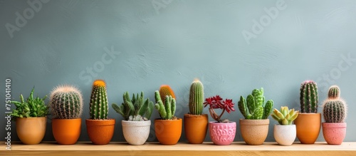A straight row of various cacti and succulents in pots placed neatly on a rustic wooden shelf. The plants are thriving and adding a touch of greenery to the indoor space. photo