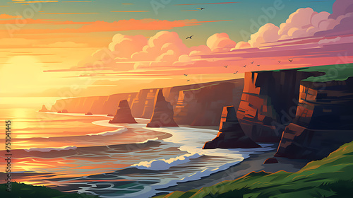 A vector image of a coastal cliff at sunset.