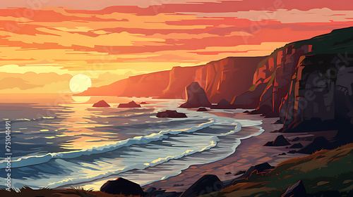 A vector image of a coastal cliff at sunset.