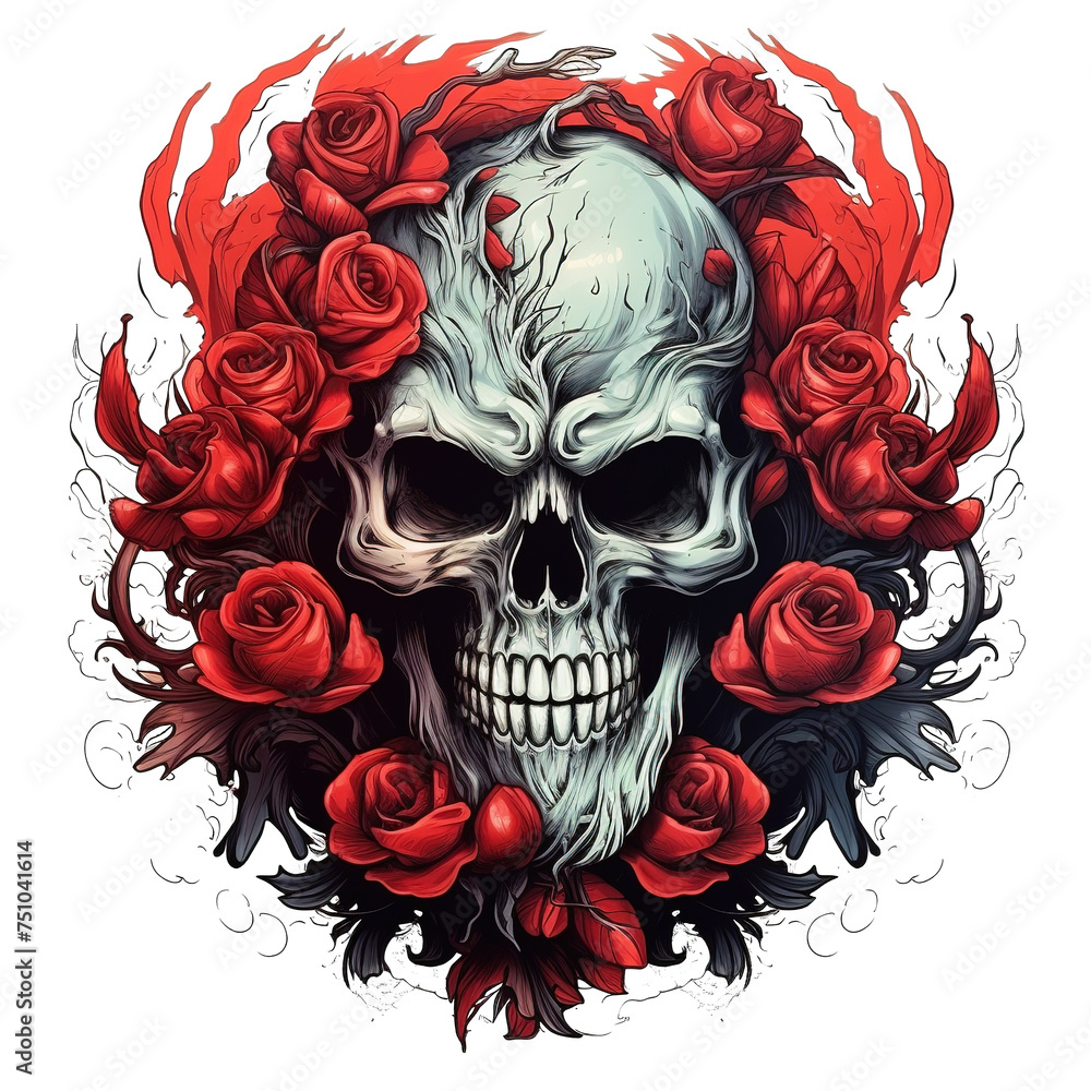Skull With Flowers Roses With PNG Image Vector Illustration