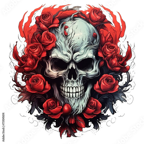 Skull With Flowers Roses With PNG Image Vector Illustration