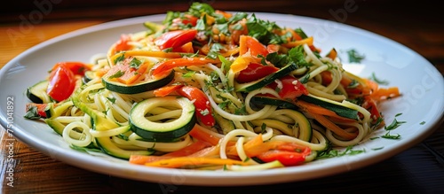 A white plate is displayed, showcasing a colorful mix of zucchini and other assorted vegetables on top. The vegetables are neatly arranged, creating an appealing and nutritious dish. © AkuAku