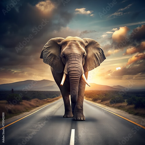 Elephant walks along the highway. right at you on the way road