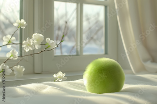 green fluffy ball on white bed with blossoms and window view