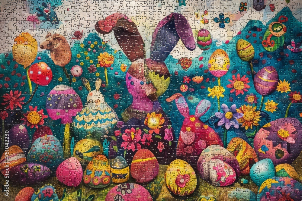 A Whimsical Easter Adventure Unfolds Piece by Piece: Vibrant Puzzle Pieces Scattered, Revealing Bunnies, Eggs, and Springtime Joy