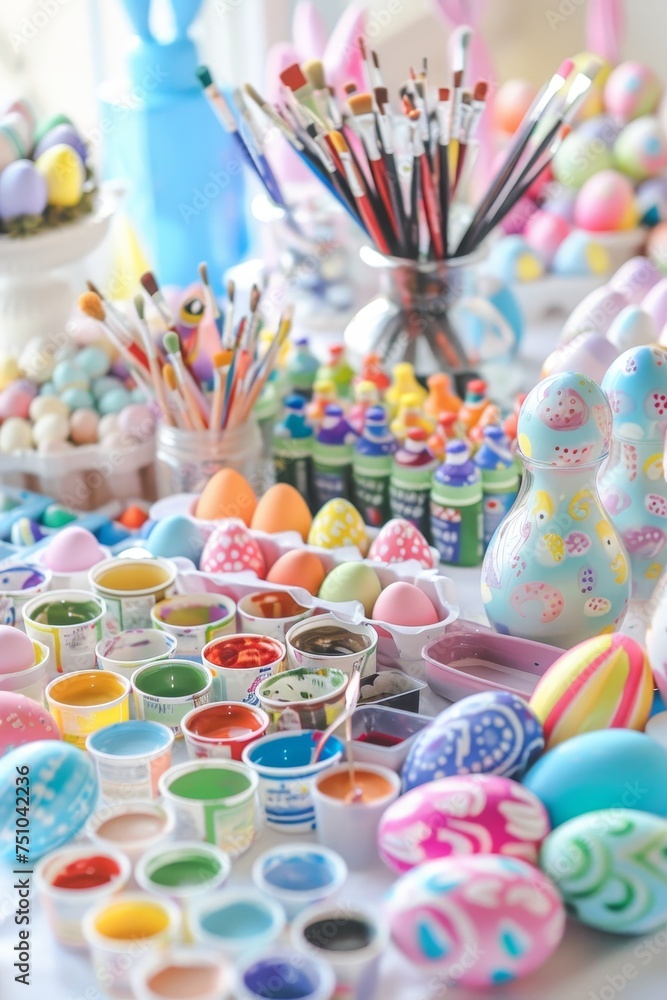 A Colorful and Joyful Children's Easter Craft Table Setup Overflowing with Paints, Brushes, Eggs, and Bunny Decorations