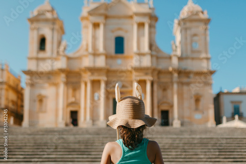 Tourist with hat in front of Palazo Nicolaci in Noto, Sicily. photo