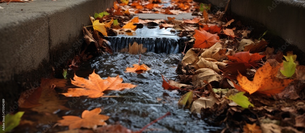 A stream of water flows through autumn leaves that surround it, creating a scene where nature obstructs the storm drain, increasing the risk of potential flooding.