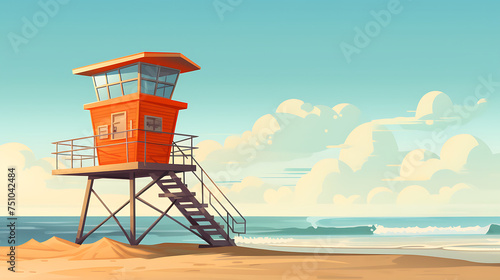 A vector image of a lifeguard tower on a sandy beach. © Tayyab