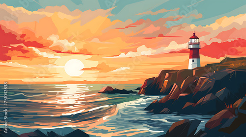 A vector image of a lighthouse overlooking the sea.