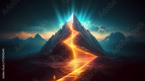 The road to success  the glowing light to the top  the future journey of the glowing mountain road