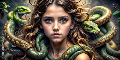 Gorgon girl, with snakes in the hair, illustration photo