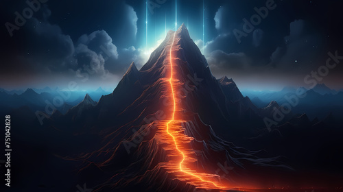 The road to success, the glowing light to the top, the future journey of the glowing mountain road