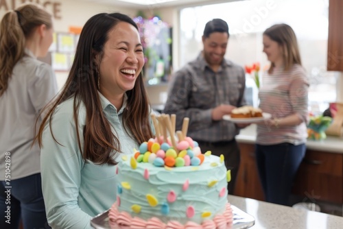 A Joyful Gathering of Colleagues Around a Colorfully Decorated Easter-Themed Cake in the Office Break Room  Celebrating the Holiday Spirit Together