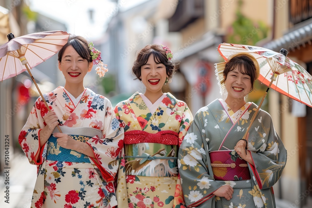 Three women in traditional Japanese clothing are smiling and holding umbrellas Three women in traditional Japanese clothing are smiling and holding umbrellas