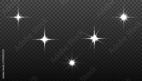 Glow isolated white light effect set, lens flare, explosion, glitter, line, sun flash and stars. Abstract special effect element design. Shine ray with lightning