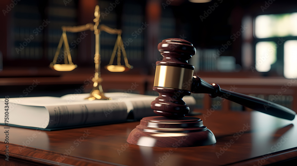 Close-up of gavel on judge's table with golden details symbolizing law, justice and court authority Close-up of gavel on judge's table with golden details symbolizing law, justice and court authority